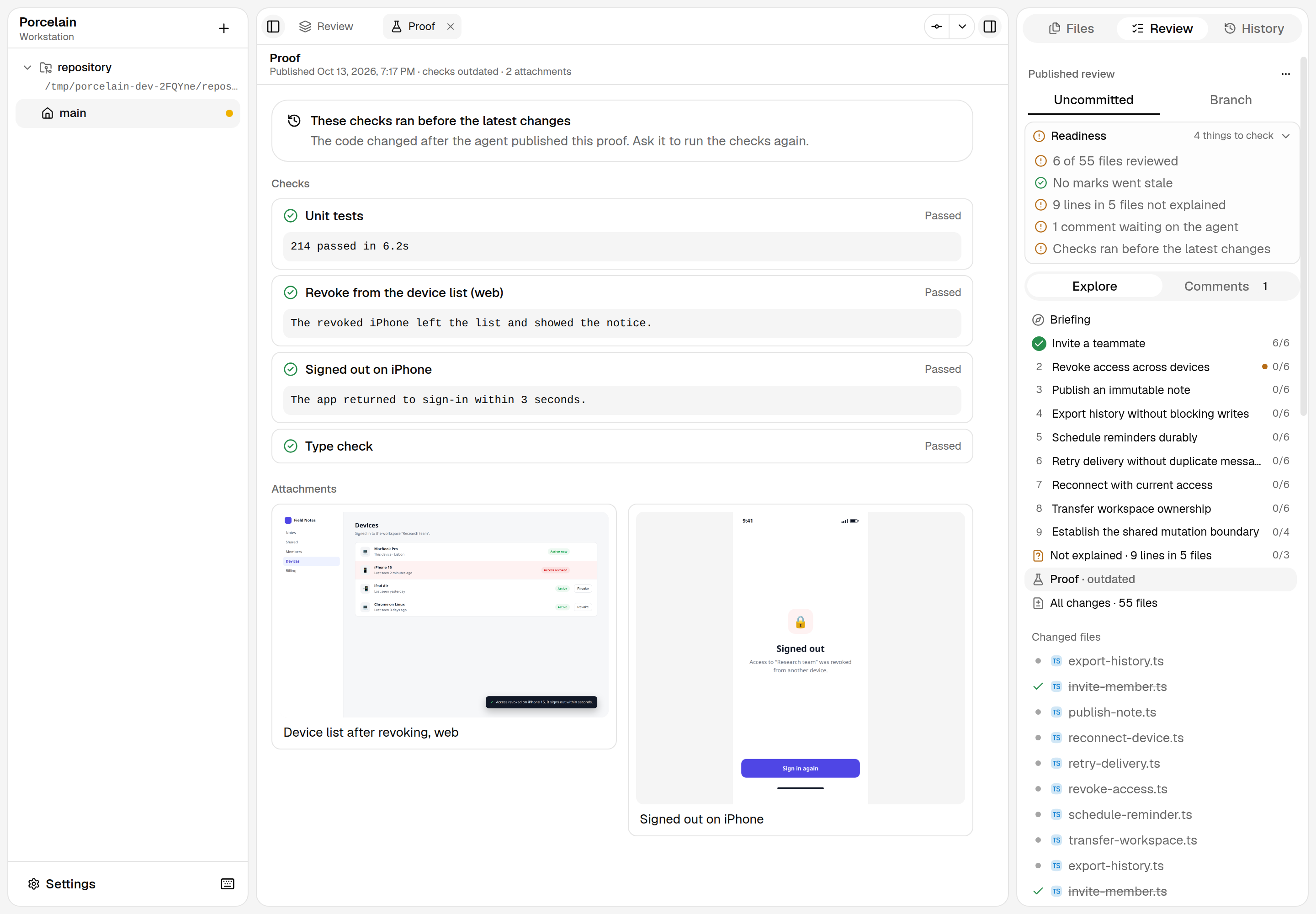 Proof with passing checks, a web and an iPhone screenshot, beside the readiness of the review