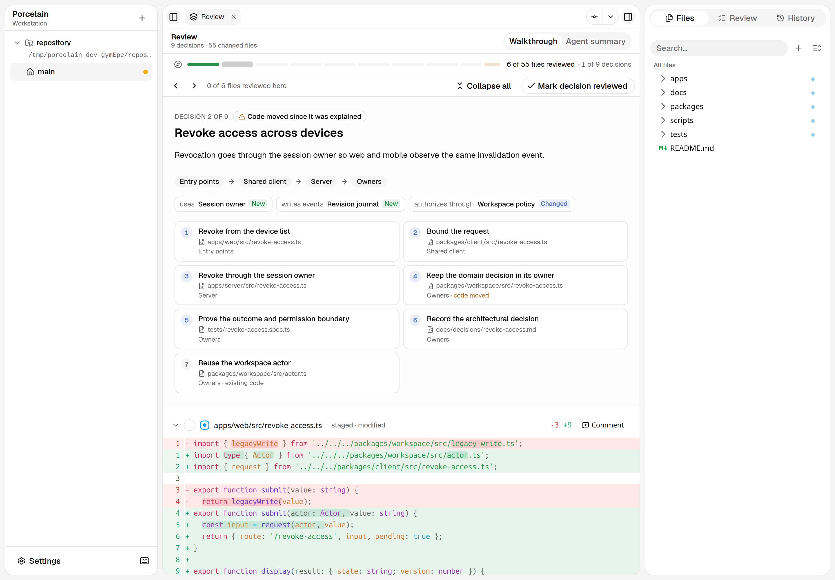A decision in a published review, with its route through the code and a diff